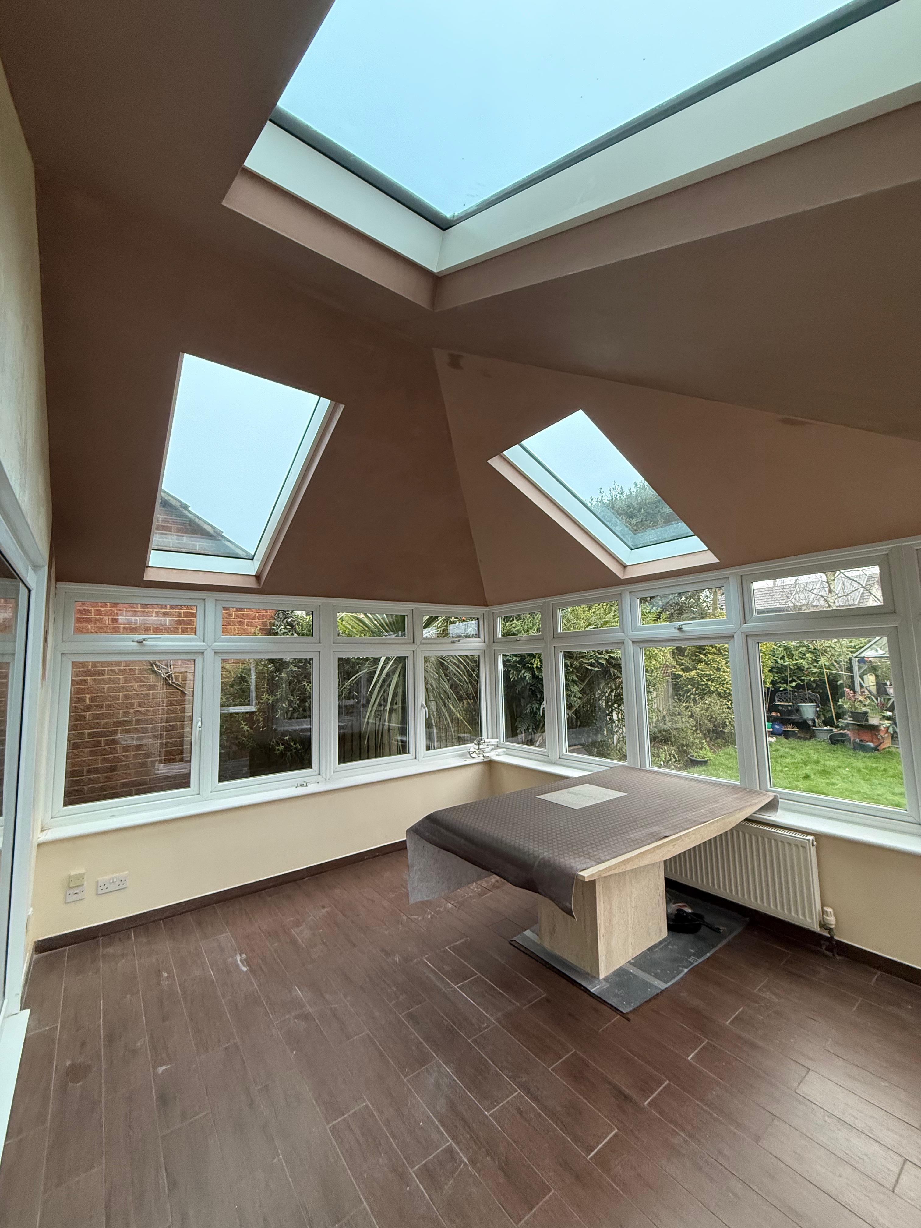 Conservatory plastering — completed angled ceiling